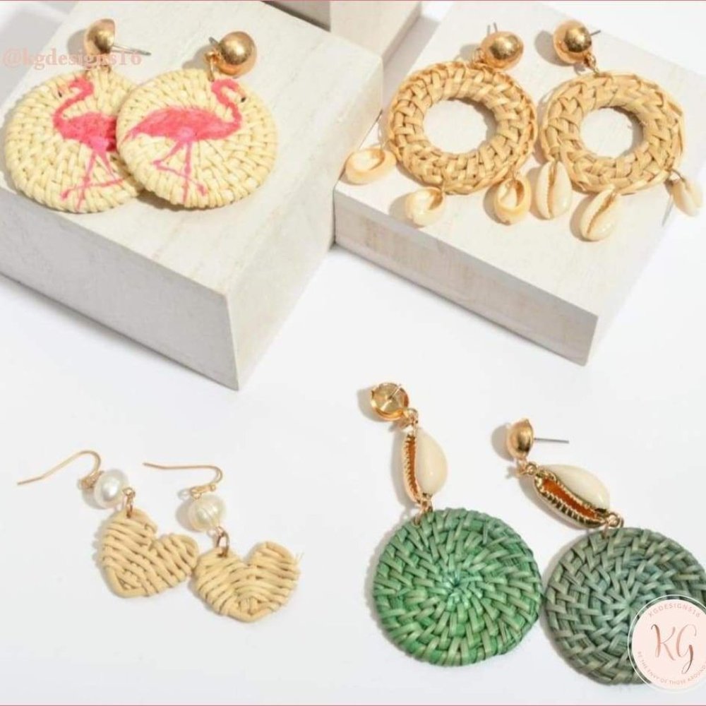 Puka Shell Pearl Raffia Gold Earrings~4 Designs